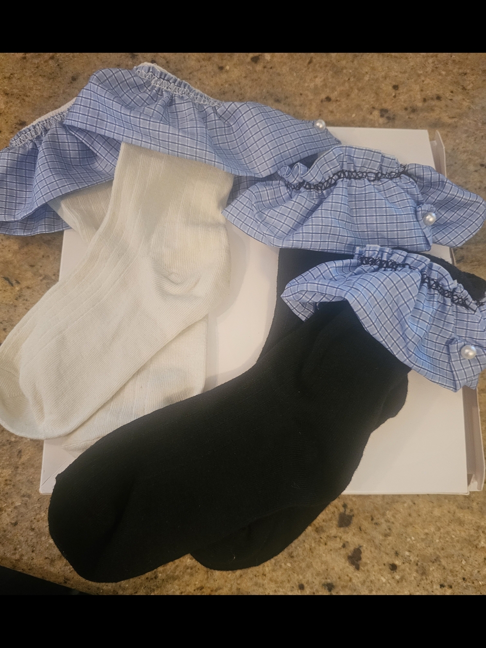 Ruffled Ankle Socks - Black, Blue & White With Pearls New